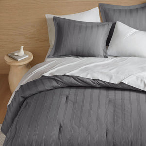 English Elm 7-piece Queen Comforter Set Woven Stripe Polyester Bedding for Neutral Minimalist Rooms Charcoal B035P463202