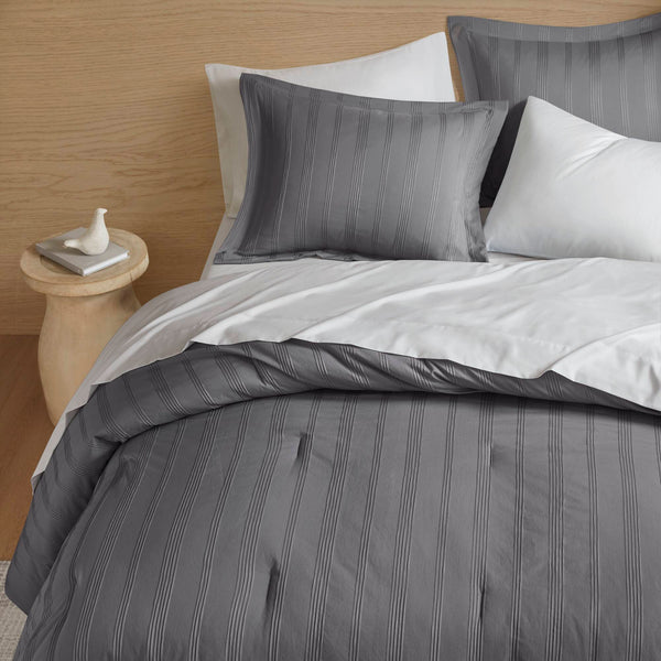 English Elm 7-piece Cal King Woven Stripe Comforter Set Neutral Polyester Bedding for Modern Bedroom Charcoal B035P463204