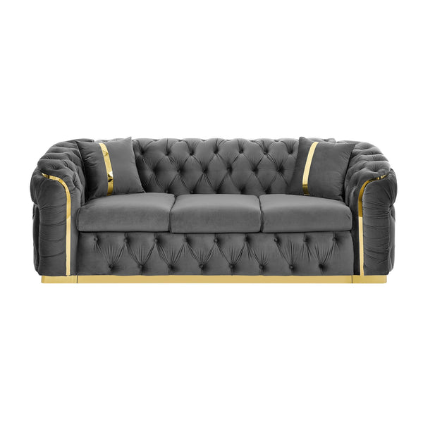 English Elm 2pcs Italian Velvet Chesterfield Sofa Set Tufted Three Seater with Gold Steel Legs Gray W1191S00043