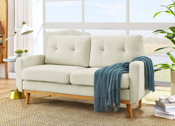 English Elm 67.7" Tufted Button Mid-century Loveseat with Splayed Wood Legs for Living Rooms Cream B355P428578