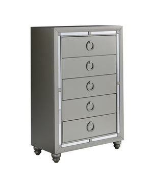 English Elm CHLOE Mirrored Gemstone Silver Chest with Spacious Drawers, Bun Feet and Center Metal Glide Elegance Silver+Grey 36.38 L x 19.75 W x 49.25 H B201P215913