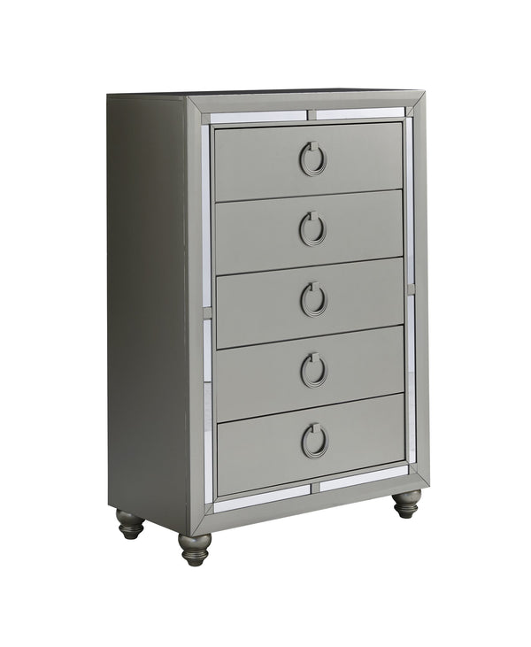 English Elm CHLOE Mirrored Gemstone Silver Chest with Spacious Drawers, Bun Feet and Center Metal Glide Elegance Silver+Grey 36.38 L x 19.75 W x 49.25 H B201P215913