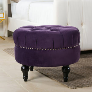 English Elm Jennifer Taylor Home - Dawn Tufted Round Ottoman in Purple Velvet — Hand-Built Hardwood Frame, Nailhead Accent, 25" Dia B2719P238412