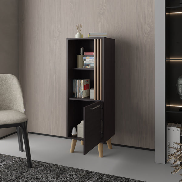 English Elm Bedford Modern Storage Cabinet in Black & Light Oak with Vertical Slats, Shelves & Hidden Door (Compact) B092P269902