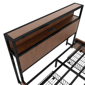 English Elm Large Walnut French Bed Frame with 8 Extra-Large Drawers, Reinforced Iron Support, USB Socket W1858P336607