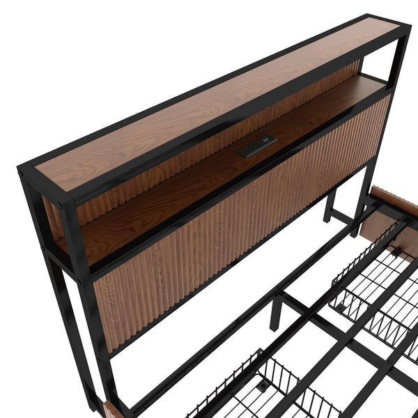 English Elm Large Walnut French Bed Frame with 8 Extra-Large Drawers, Reinforced Iron Support, USB Socket W1858P336607