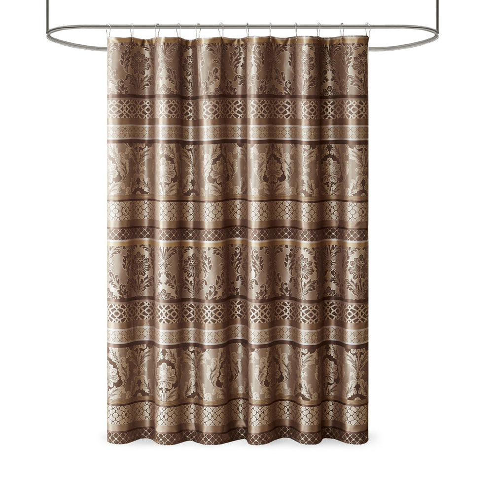 JLA Home Madison Park - Jacquard Chocolate Brown Shower Curtain 72x72 — Durable Polyester Jacquard with Leaf, Stripe & Ironwork MP70-3035