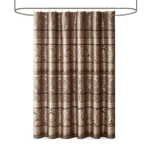 JLA Home Madison Park - Jacquard Chocolate Brown Shower Curtain 72x72 — Durable Polyester Jacquard with Leaf, Stripe & Ironwork MP70-3035
