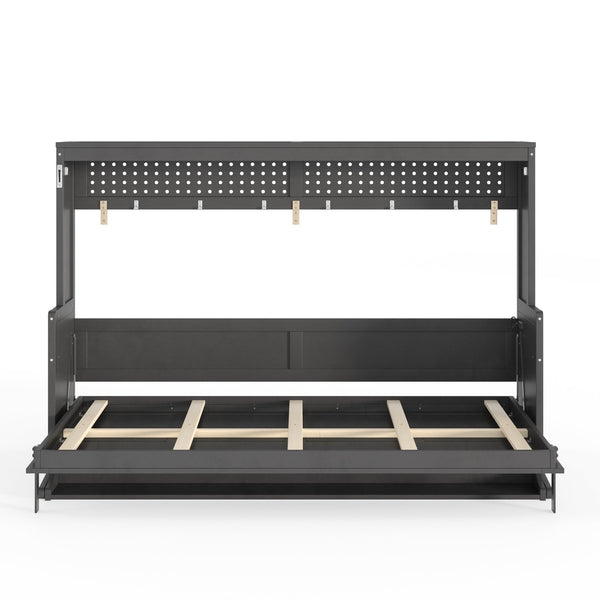 English Elm Full Murphy Bed with Fold Down Desk Led Lighting and Usb Port for Studio Spaces Dark Gray W1580S00455