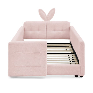 English Elm Twin Boucle Upholstered Kids Bed Whimsical Rabbit Ear Headboard with Safety Rail Pink W1413P407486