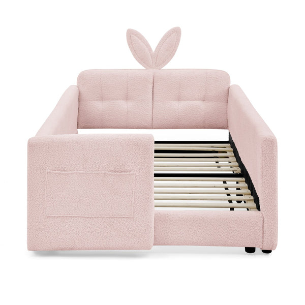 English Elm Twin Boucle Upholstered Kids Bed Whimsical Rabbit Ear Headboard with Safety Rail Pink W1413P407486
