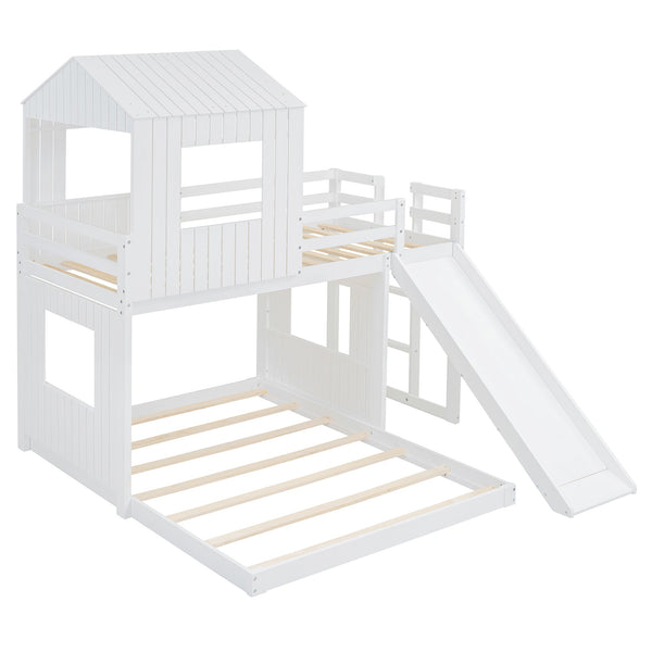 English Elm Wooden Twin Over Full Bunk Bed Farmhouse Playhouse Slide Pinewood Kids Loft White LT000328AAK