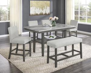 English Elm Luna Faux Marble Counter Height Dining Set Seats Six with Upholstered Bench and Shelf B2749S00326