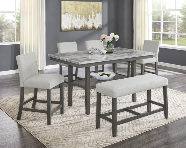 English Elm Luna Faux Marble Counter Height Dining Set Seats Six with Upholstered Bench and Shelf B2749S00326