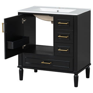 English Elm Traditional 30" Bathroom Vanity with Ceramic Basin, Soft-Close Door & Drawers, Gold Handles, Durable Wood Finish Black N729P184479B