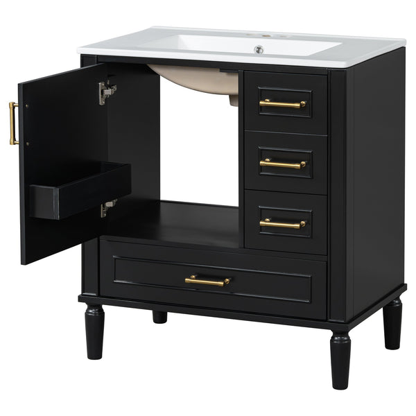 English Elm Traditional 30" Bathroom Vanity with Ceramic Basin, Soft-Close Door & Drawers, Gold Handles, Durable Wood Finish Black N729P184479B