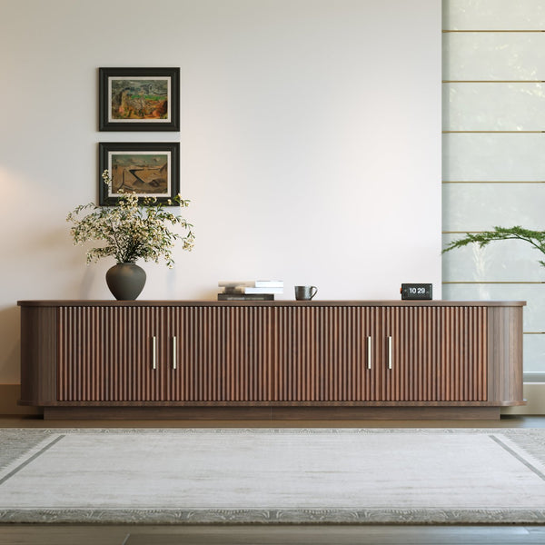 English Elm 70-inch Media Console with Sliding Groove Doors Solid Pine Legs and Cable Management N710P427898P