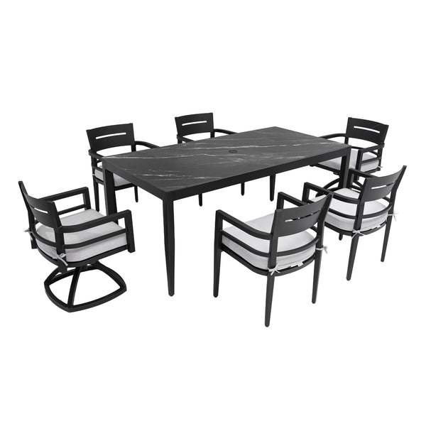 English Elm Modern 7Pc Outdoor Patio Dining Set With Black Marble-Look Table, 4 Chairs & 2 Swivel Rockers W1886S00015
