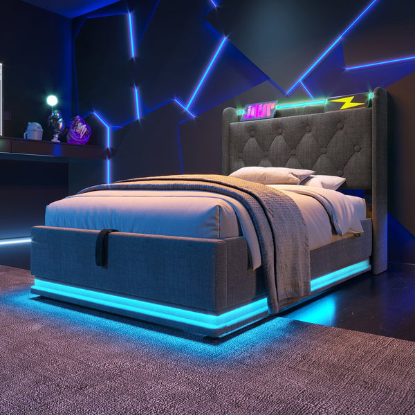 English Elm Twin Upholstered Bed with Hydraulic Storage, Surround LED, App/Remote Control & USB Type-C Charging Gray N736P188805G