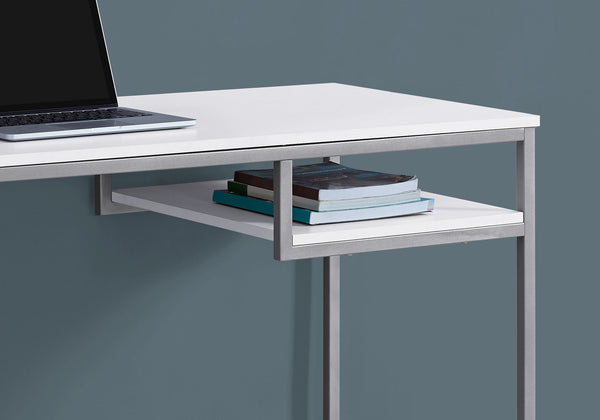 English Elm Computer Desk with 2 Push-Drawers, Open Shelves & Black Metal Legs — Compact Modern Workstation White 52 L x 25 W x 4 H B2710P219719