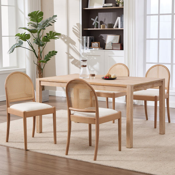 English Elm Rattan Backrest Dining Chairs Set of 2 Teddy Fabric Cushion Solid Wood Legs Kitchen Beige W3244P475485