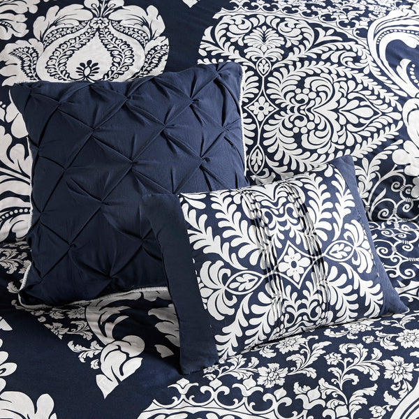 English Elm 7 Piece Cotton Printed Comforter Set - Elegant Damask Queen Bedding With Decorative Pillows & Skirt B03596961