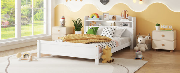 English Elm Full Pine Wood Bed with Bookcase Headboard and LED Motion Sensor Light, Guardrails & Storage Space White W504P277600