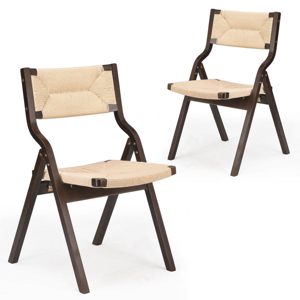 English Elm Wood Foldable Dining Chair Set of 2 with Woven Rattan Seat, Teak Finish, Comfortable Padded Design Beige,Walnut Brown T3623P380496