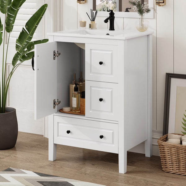English Elm Christopher Knight Home® - 24 Freestanding Retro Bathroom Vanity with Ceramic Sink, Soft-Close Cabinet & Drawers, Painted MDF Finish White N759P292551K