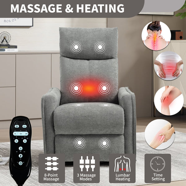 English Elm Heat Massage Rocker Swivel Recliner Fabric Chair with Lumbar Therapy for Living Room Grey W1803P362293