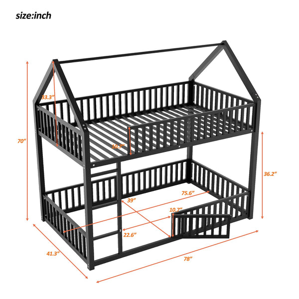 English Elm Metal Twin over Twin House Bunk Bed with Playful Roof, Sturdy Metal Frame, Quiet Support for Kids Black N709P214091B