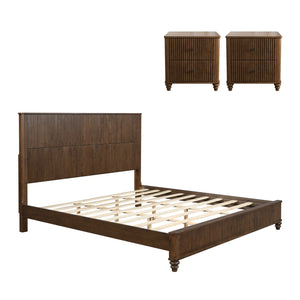 English Elm 3-piece King Bedroom Set Fluted Walnut Brown Rubberwood Bed with Storage Nightstands W1716S00021