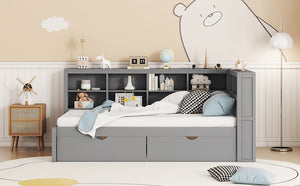 English Elm Wooden Twin Daybed with 2 Drawers, Built-In USB Charging & Double Shelf Storage, Pine Frame Durable Grey 42.91 L x 16.73 W x 6.69 H N733S170510E