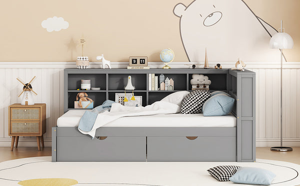 English Elm Wooden Twin Daybed with 2 Drawers, Built-In USB Charging & Double Shelf Storage, Pine Frame Durable Grey 42.91 L x 16.73 W x 6.69 H N733S170510E