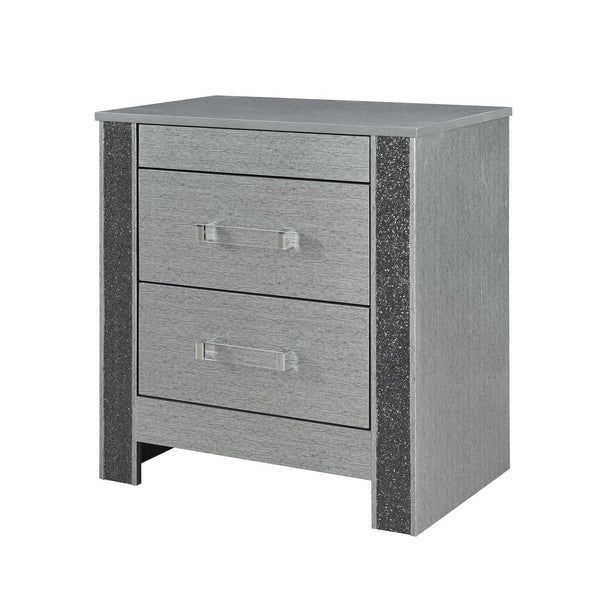 English Elm Lorenzo Silver Nightstand with Hidden Jewelry Compartment, Glitter Finish, Acrylic Handles, Spacious Drawers B201P298429