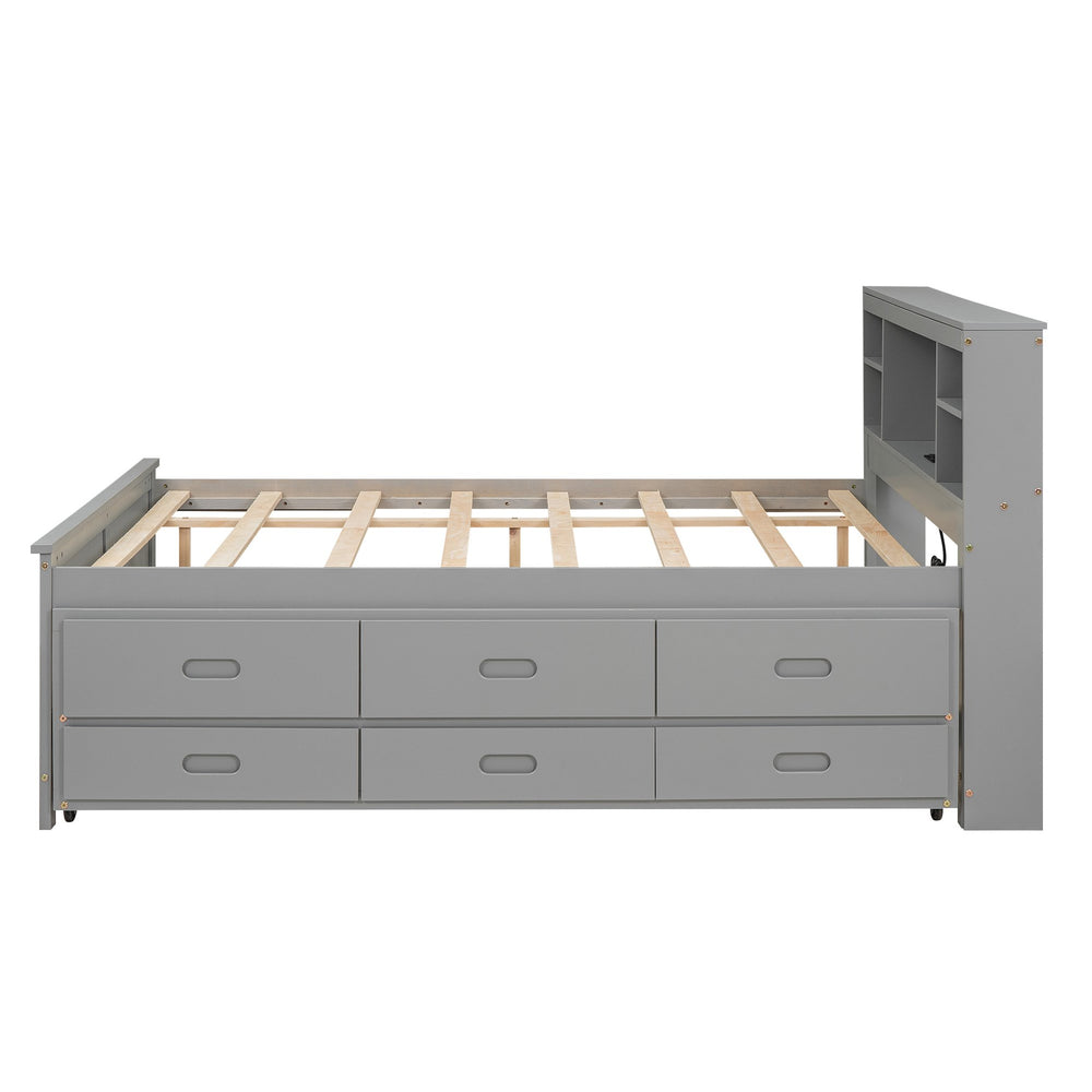 English Elm Full Full Size Platform Bed with Storage Headboard, USB Ports, Twin Trundle & 3 Drawers, Solid Wood Gray GX000720AAE