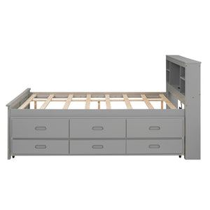 English Elm Full Full Size Platform Bed with Storage Headboard, USB Ports, Twin Trundle & 3 Drawers, Solid Wood Gray GX000720AAE