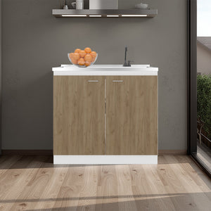 English Elm Zurich Freestanding Stainless Steel Utility Sink with Black Storage Cabinet for Garage Natural+White B200S00456