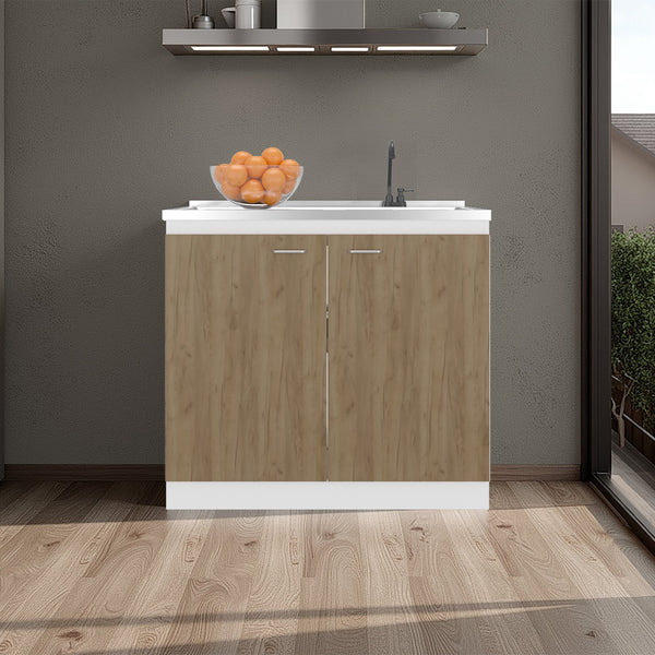 English Elm Zurich Freestanding Stainless Steel Utility Sink with Black Storage Cabinet for Garage Natural+White B200S00456