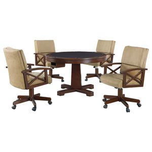 English Elm Calloway Tobacco 5-Piece Game Set with Upholstered Tan Casters, Rich Wood Grain Table for Entertaining B062S00897