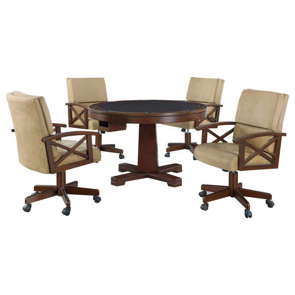 English Elm Calloway Tobacco 5-Piece Game Set with Upholstered Tan Casters, Rich Wood Grain Table for Entertaining B062S00897