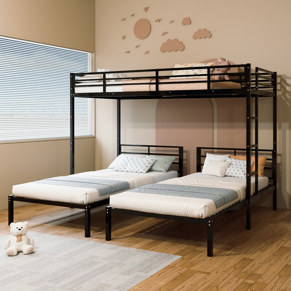 English Elm Triple Bunk Bed Steel Frame Sleeps Three Kids with Noise Reduced Powder Coated Design W3752S00013