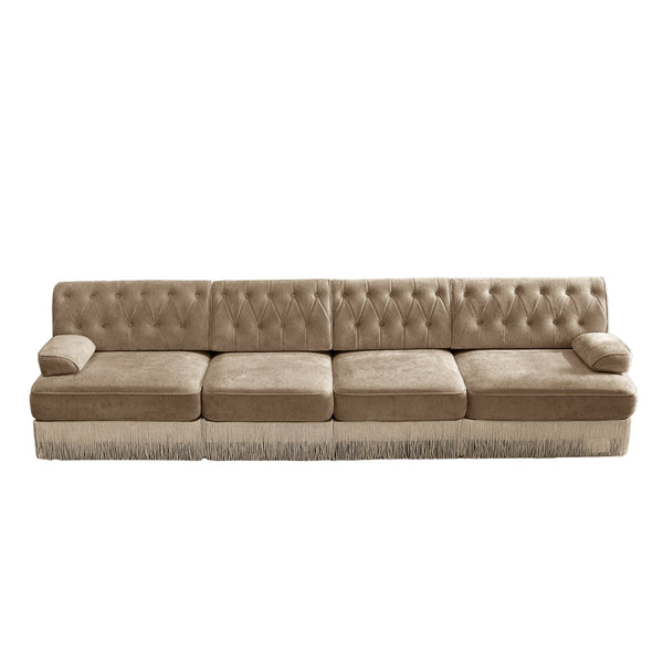 English Elm 135" Modular Chesterfield Sectional Velvet Tufted Sofa with Tassel Skirt for Lounge Rooms Camel W714S01699