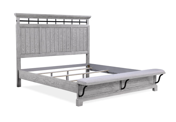 English Elm 1pc Rustic Charm Queen Bed with Soft Greige Finish, Natural Wood Grain Footboard Bench Panel Gray 86 L x 9.75 W x 5.5 H B2741S00189