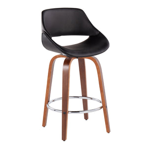 English Elm Fabrico Mid-Century Modern Counter Stool Set Of 2 In Walnut Wood & Black Faux Leather With Chrome Footrest B202S00253