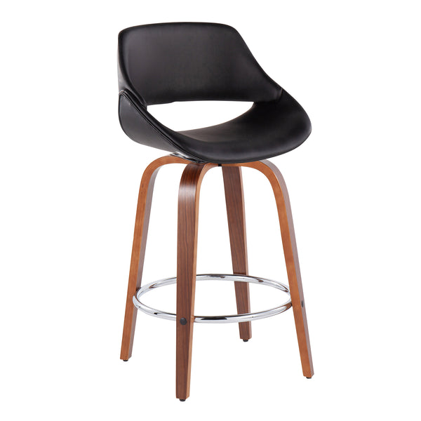 English Elm Fabrico Mid-Century Modern Counter Stool Set Of 2 In Walnut Wood & Black Faux Leather With Chrome Footrest B202S00253
