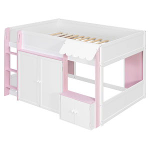 English Elm Twin House Loft Bed with Pull Out Rolling Desk Stair Drawers and Cabinet Storage N820S00074H
