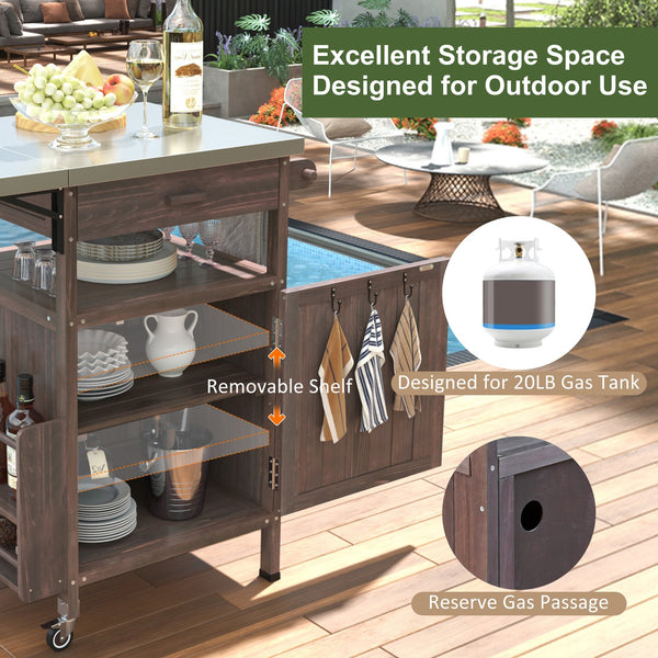 English Elm K&K 40.5" Outdoor Grill Cart with 201 Stainless Top, Solid Fir Storage, Drop Leaf & Lockable Wheels Brown N707P228272Z