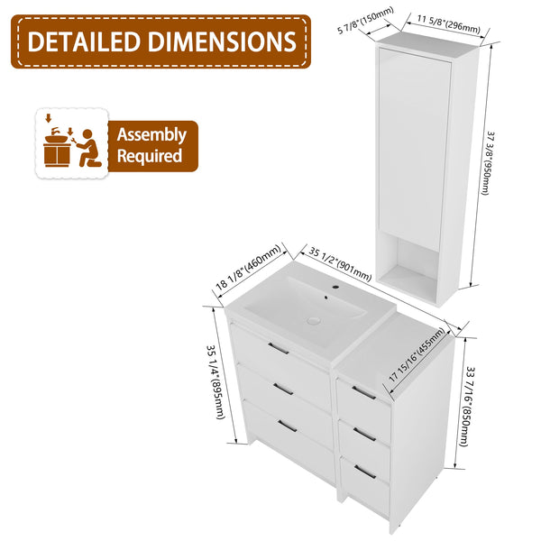 English Elm 36" Freestanding Bathroom Vanity Set With Resin Sink, Soft-Close Drawers, And Stylish Wall Cabinet W999S00434