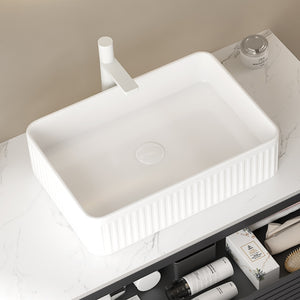 English Elm 20'' Ceramic Vessel Sink 20'' Rectangular Striped Basin Glossy French-Style Rim Durable Easy-Clean White W2615P193350